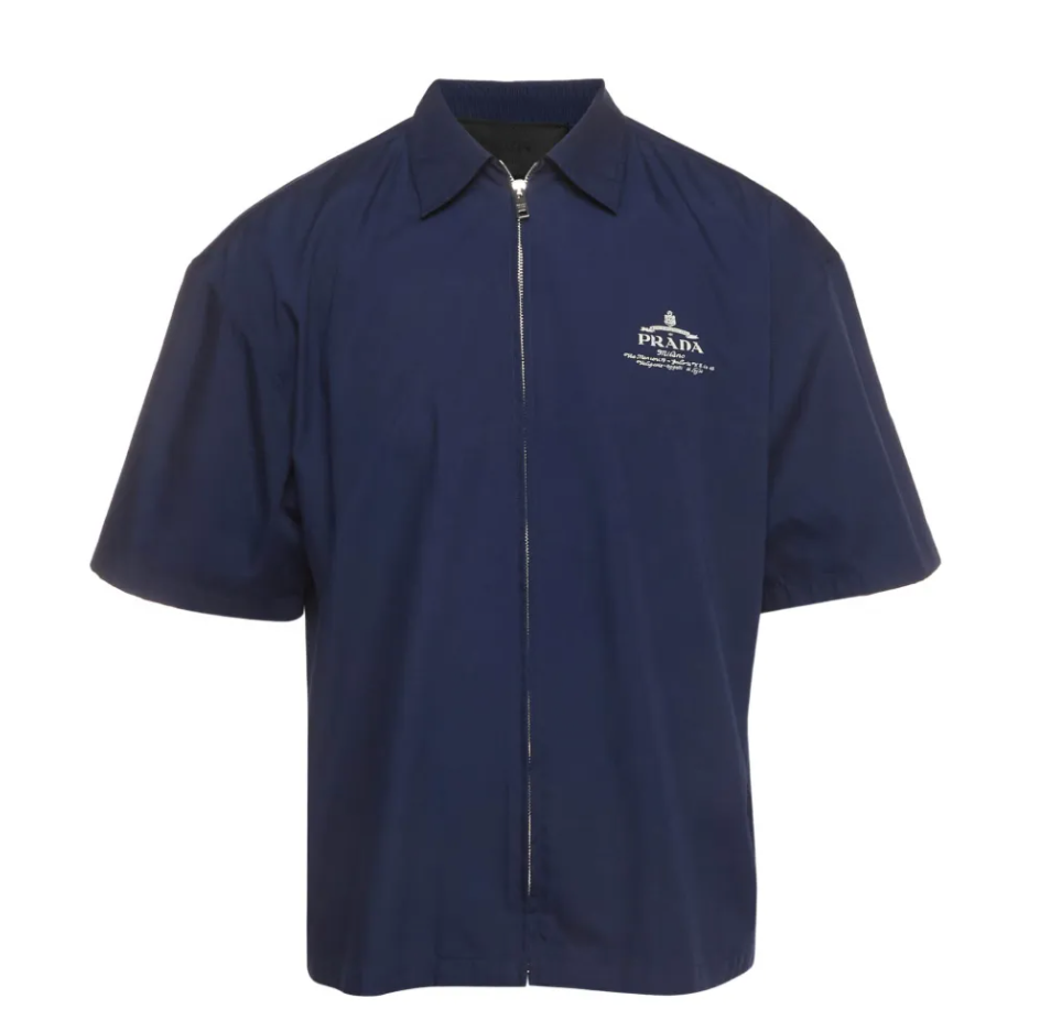 Prada Technical Logo Zip Up Shirt Blue