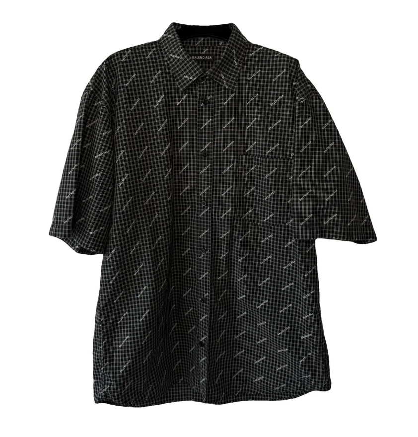 Balenciaga All Over Logo Print Checker Button Up Shirt Black