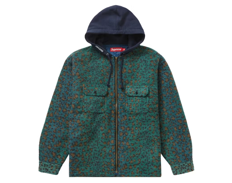 Supreme Fleece Zip Up Hooded Shirt Teal Leopard