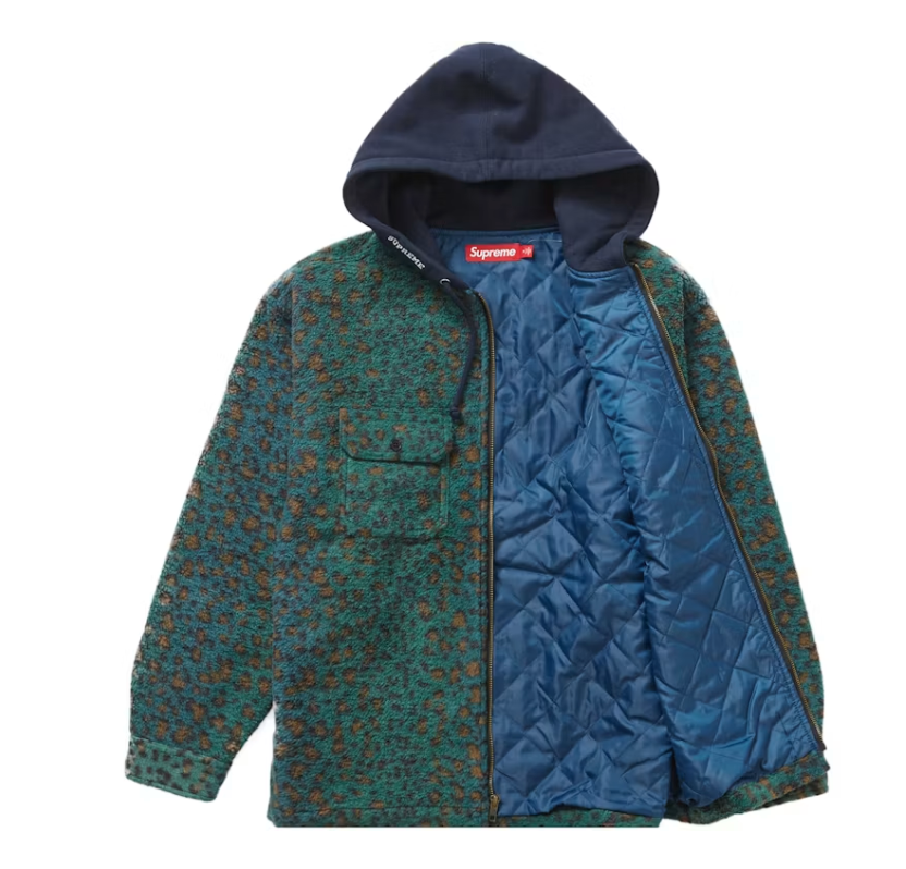 Supreme Fleece Zip Up Hooded Shirt Teal Leopard