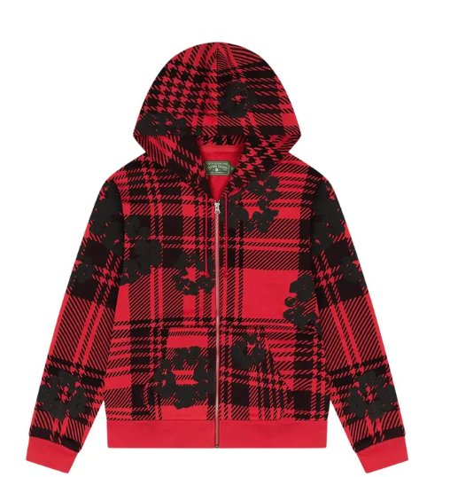 Denim Tears Plaid Cotton Wreath Zip Hoodie Red