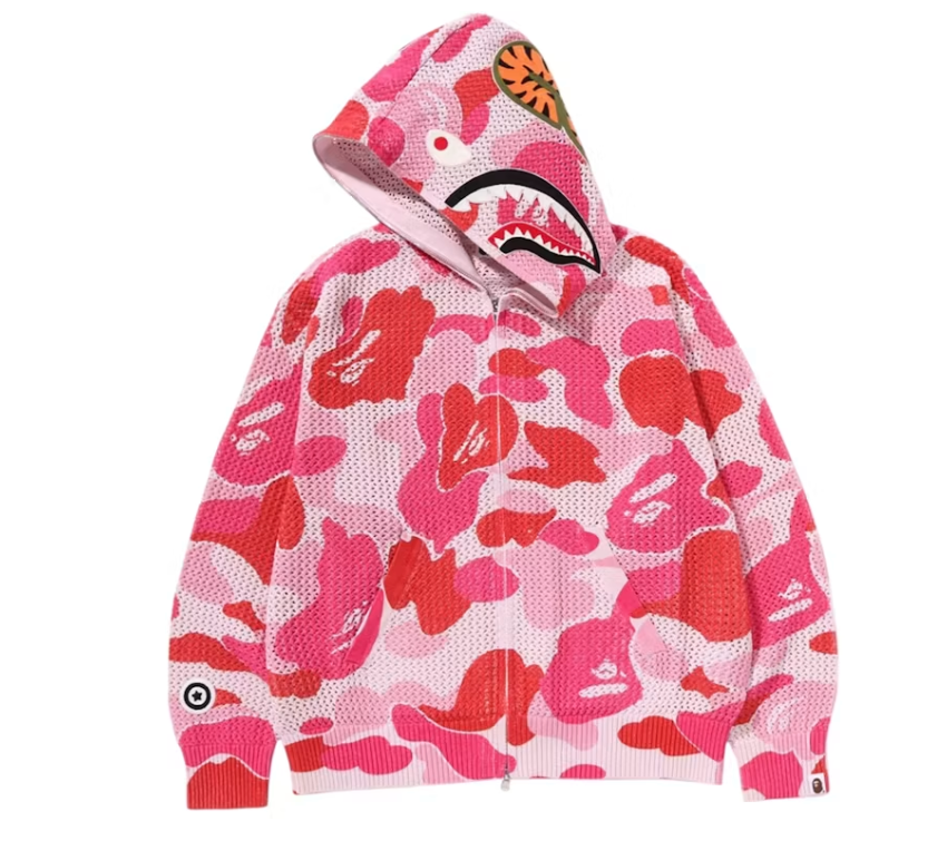 BAPE ABC Camo Crochet Relaxed Fit Shark Full Zip Hoodie Pink