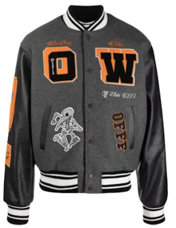 OFF-WHITE Patch Embellished Varsity Bomber Jacket Medium Grey Yellow Black