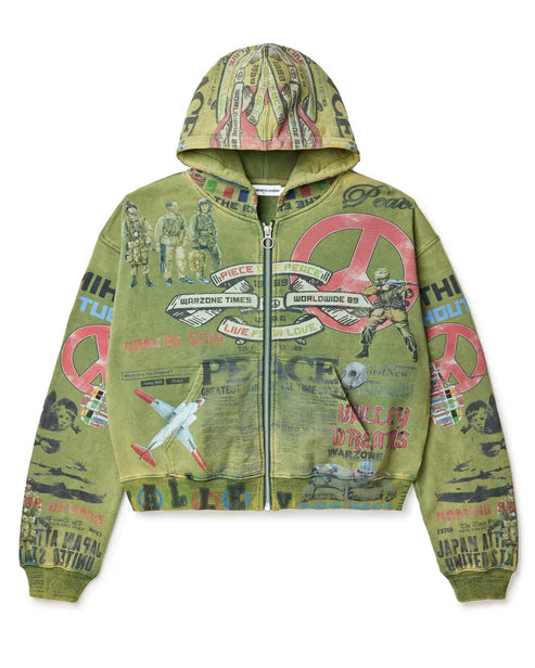 Vale Forever Peace Zip Up Hoodie Olive Green