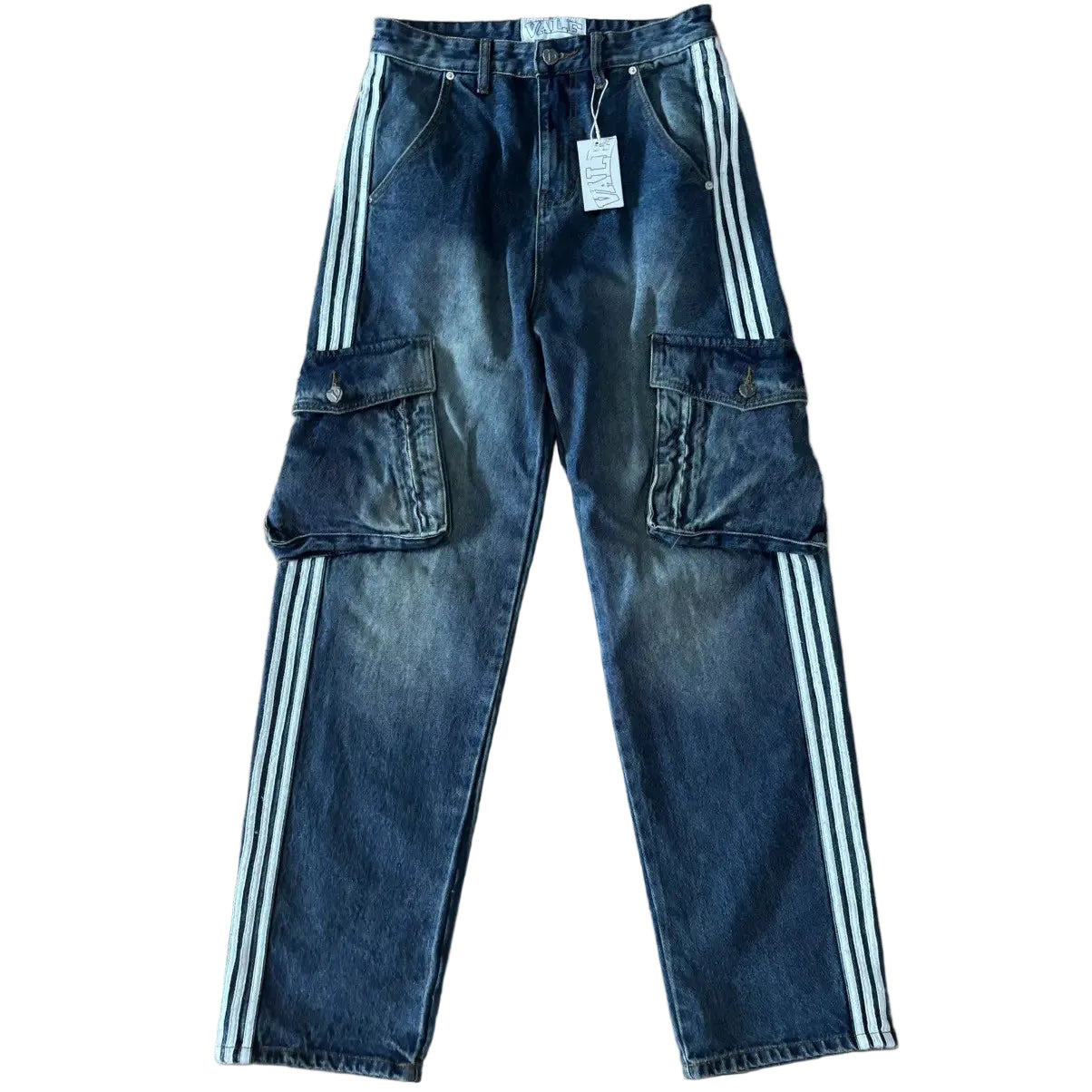 Vale Forever Striped Baggy Pocket Cargo Jeans Blue