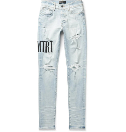 Amiri Distressed Embroidered Logo Jeans Light Indigo