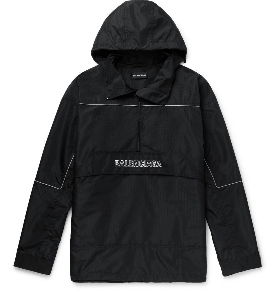 Balenciaga Logo Embroidered Ripstop Half Zip Hooded Jacket Black