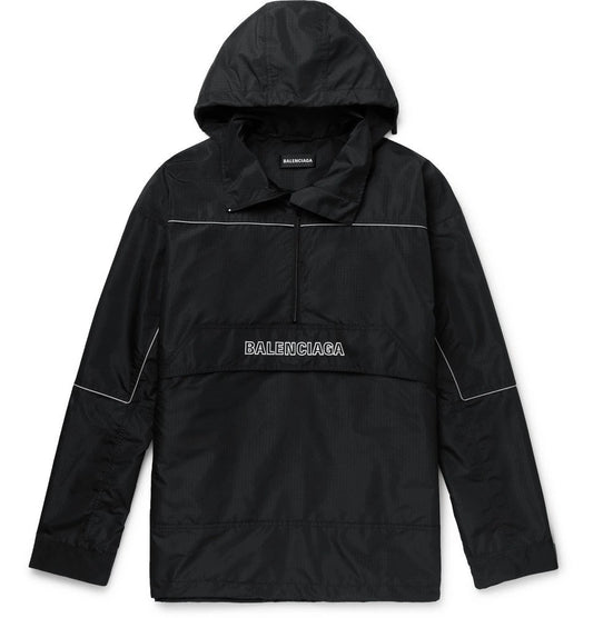 Balenciaga Logo Embroidered Ripstop Half Zip Hooded Jacket Black