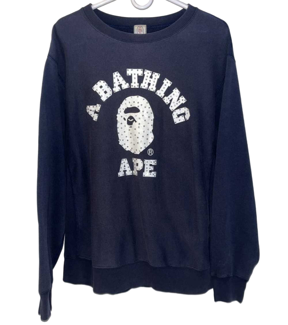 BAPE Swarovski Stone College Logo Crewneck Navy White