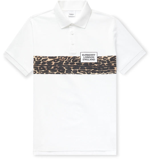 Burberry Leopard Print Cotton Pique Polo Shirt White