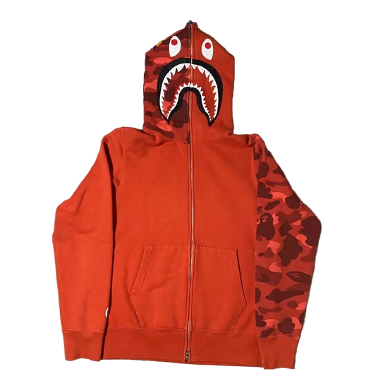 BAPE Color Camo Split Tiger Shark Full Zip Hoodie Red