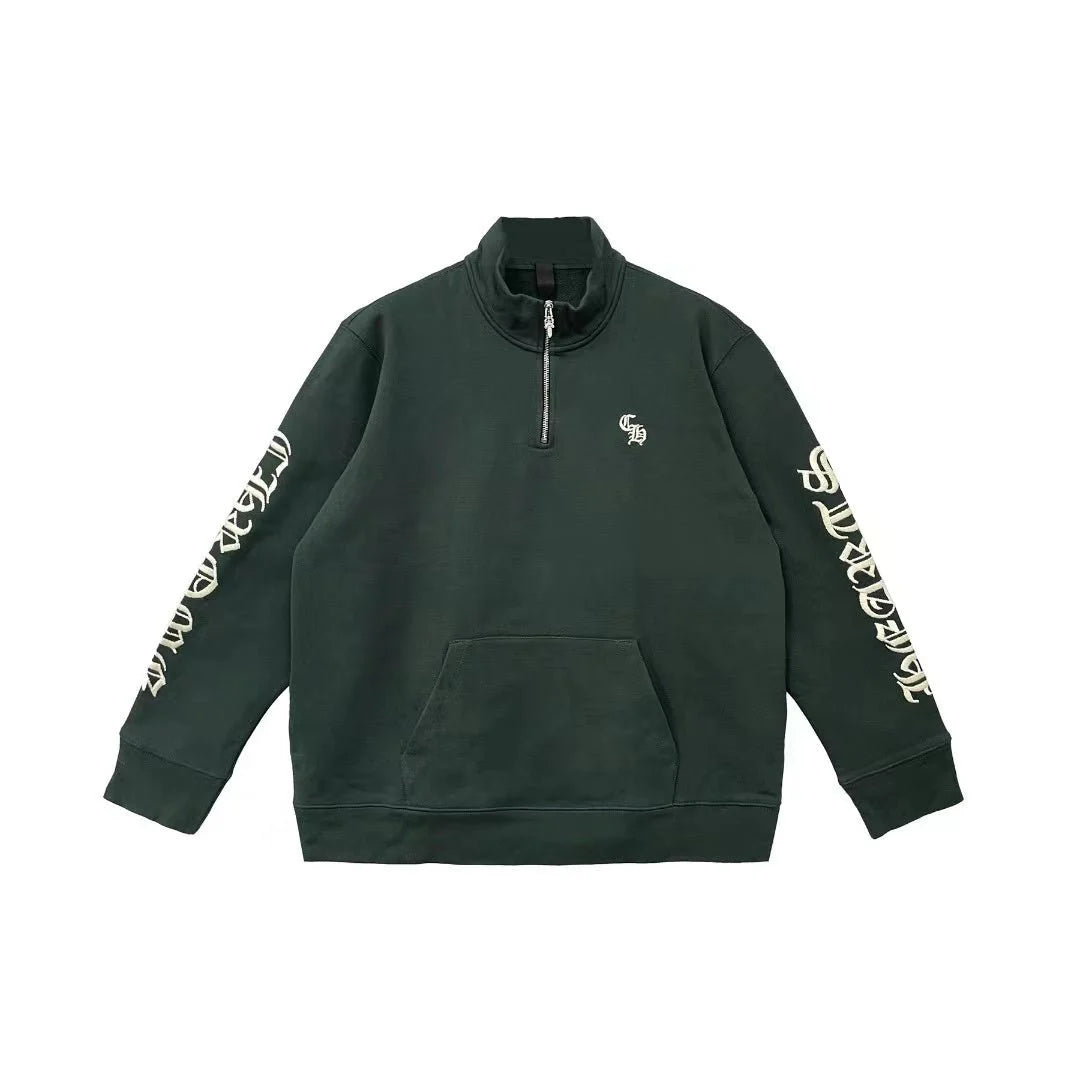 Chrome Hearts Script Logo Embroidered Half Zip Dark Green Sweatshirt