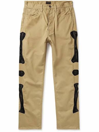 Kapital Mexican Tuxedo Okagilly Crochet Trimmed Cotton Twill Chino Pants Khaki