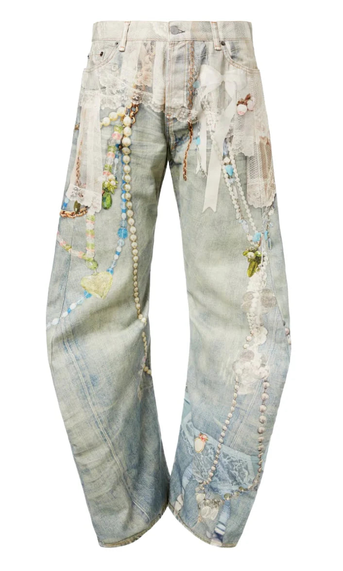Acne Studios Pearl And Lace Trompe L’oeil Jeans White Green