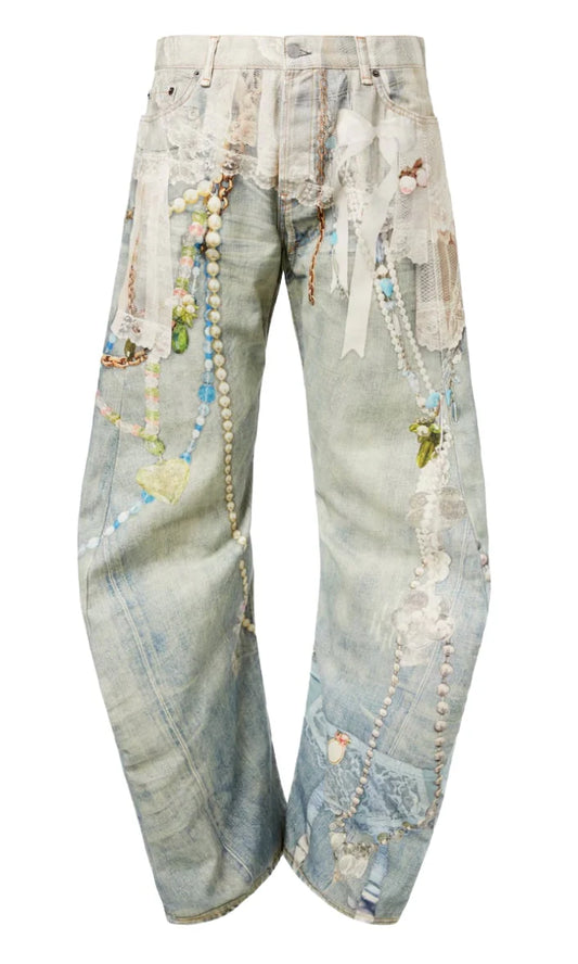 Acne Studios Pearl And Lace Trompe L’oeil Jeans White Green